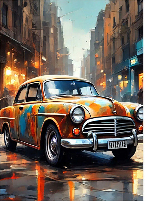 Şehirde Klasik Araba Art Mdf Poster 35 cm x 50 cm