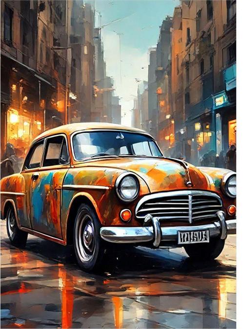 Şehirde Klasik Araba Art Mdf Poster 50 cm x 70 cm