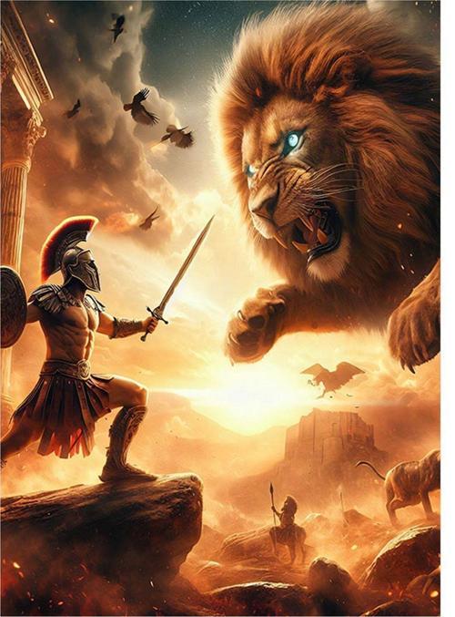 Gladyatörle İle Aslan Desenli Mdf Tablo 50 cm x 70 cm