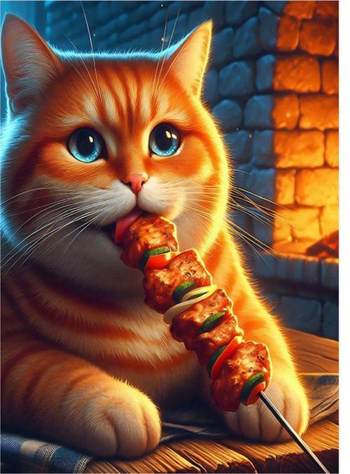 Şiş Kebap Yiyen Kedi Art Mdf Poster 35 cm x 50 cm