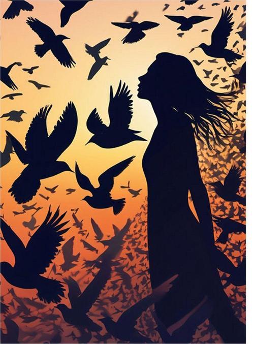 Kuşlar Ve Kadın Art Mdf Poster 35 cm x 50 cm