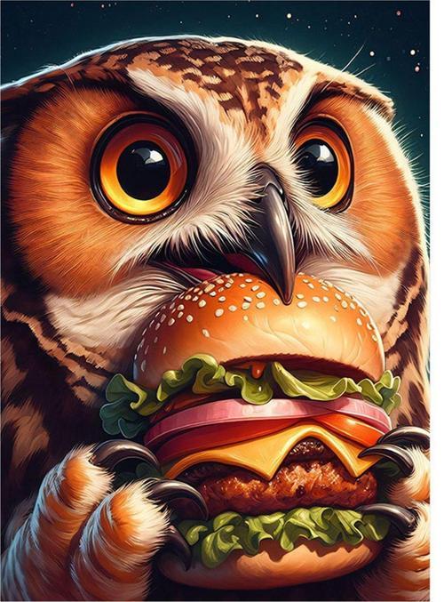 Hamburger Yiyen Sevimli Baykuş Hediyelik Mdf Tablo 35 cm x 50 cm