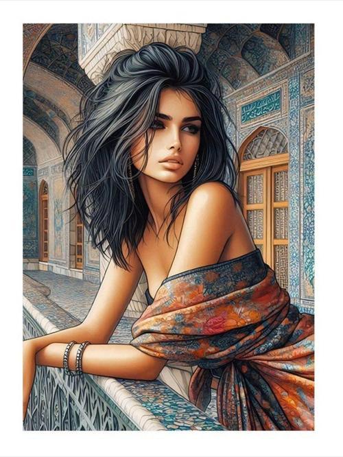 Çinili Köşk Ve Esmer Kadın Modern Mdf Tablo 35 cm x 50 cm