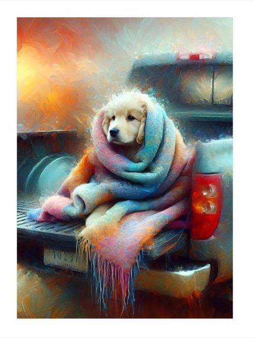 Battaniyeye Sarılmış Köpek Model Mdf tablo 35 cm x 50 cm