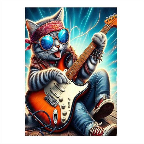 Elektro Gitar Çalan Metalci Kedi Modern Mdf Tablo 35 cm x 50 cm