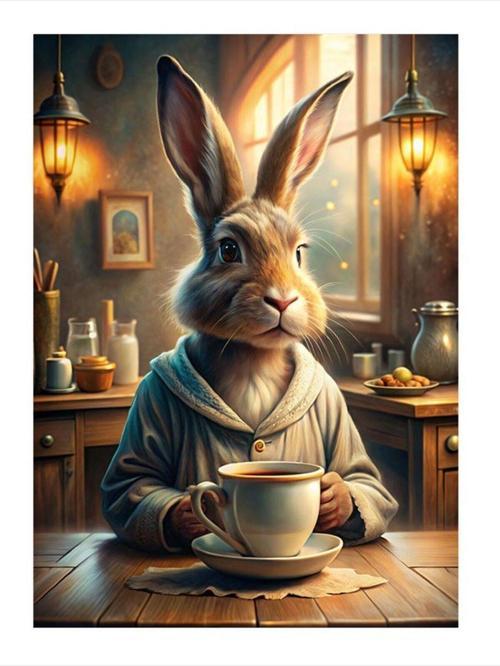 Kahve İçen Tavşan Hediyelik Mdf Tablo 25 cm x 35 cm