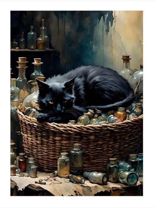 Siyah Kedi Ve Şişeler Tasarım Mdf Tablo 35 cm x 50 cm