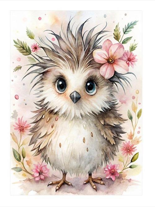 Çiçekli Yavru Baykuş Model Mdf tablo 35 cm x 50 cm