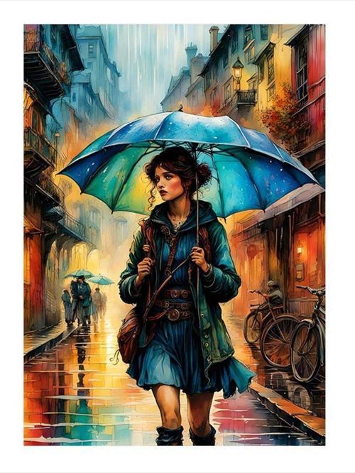 Mavi Şemsiyeli Genç Kız Art Mdf Tablo 25 cm x 35 cm