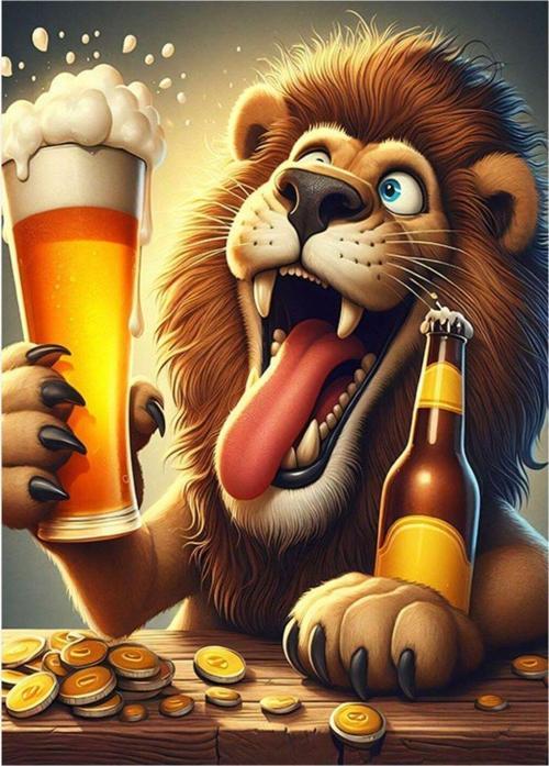 Bira İçen Aslan Desenli Mdf Tablo 35 cm x 50 cm