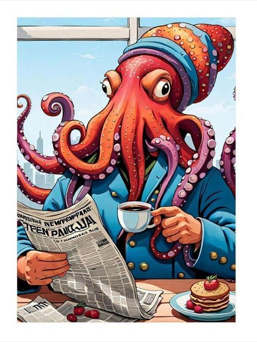 Kahve İçen Ahtapot Mdf Tablo 35 cm x 50 cm