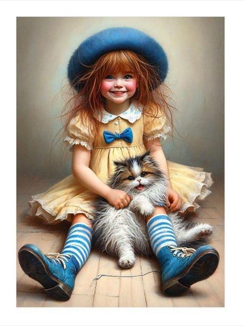 Küçük Kız Ve Kedi Tasarım Mdf Tablo 35 cm x 50 cm