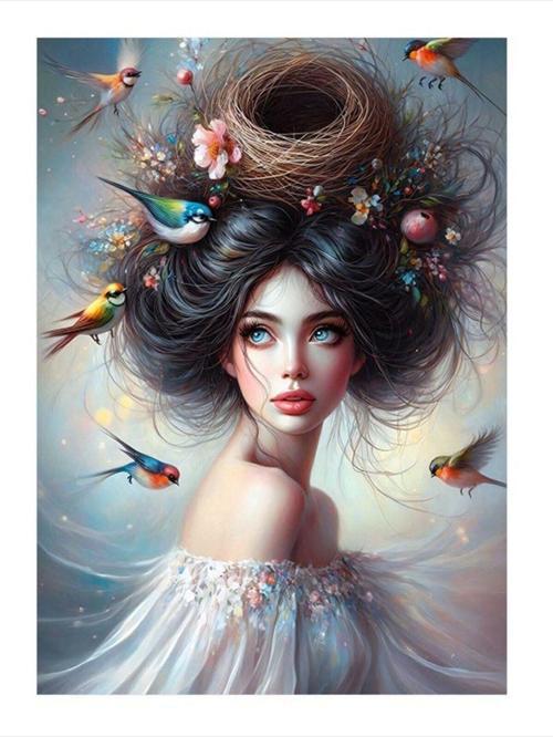 Saçında Kuş Yuvası Olan Kadın Desenli Mdf Tablo 35 cm x 50 cm