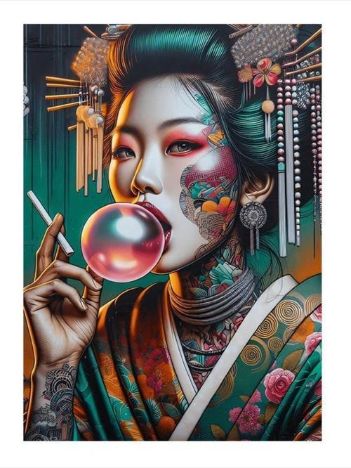 Dövmeli Asyalı Kadın Mdf Tablo 50 cm x 70 cm