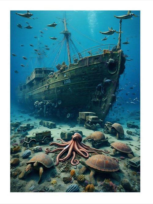 Batık Ve Deniz Canlıları Desenli Mdf Tablo 35 cm x 50 cm