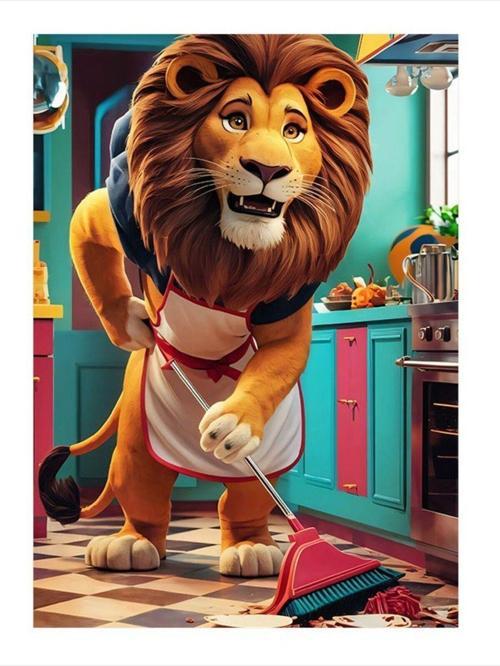 Temizlik Yapan Aslan Art Mdf Poster 50 cm x 70 cm