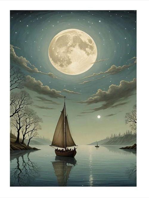 Dolunay Ve Tekneler Art Mdf Tablo 35 cm x 50 cm