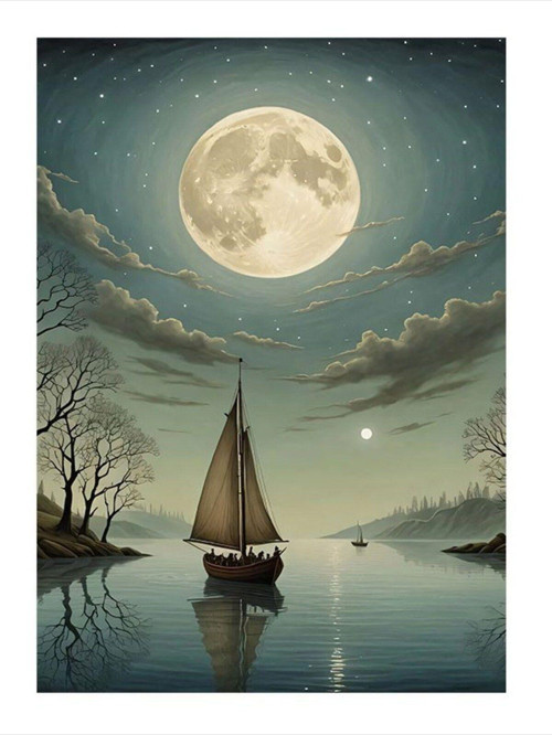 Dolunay Ve Tekneler Art Mdf Tablo 50 cm x 70 cm