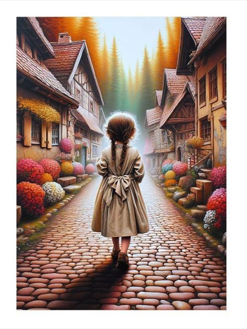 Retro Kasaba Ve Küçük Kız Art Mdf Poster 50 cm x 70 cm