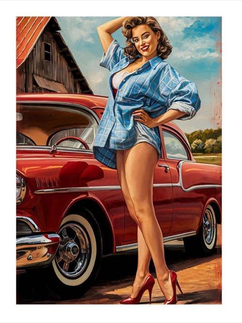 Kırmızı Klasik Araba Ve Pin Up Kadın Art Mdf Tablo 50 cm x 70 cm
