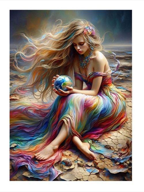 Renkli Elbiseli Kadın Ve Dünya Maketi Desenli Mdf Tablo 35 cm x 50 cm