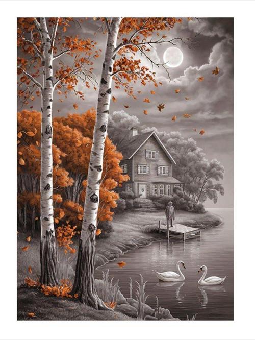 Göl Kenarındaki Ev Art Mdf Tablo 35 cm x 50 cm
