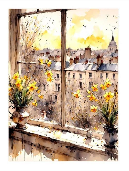 Vazodaki Çiçekler Ve Pencere Art Mdf Tablo 35 cm x 50 cm