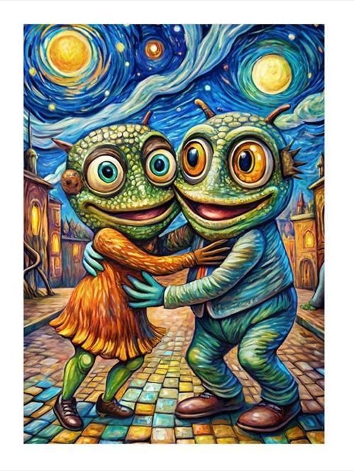 Van Gogh Stili Sarılan Kurbağalar Tasarım Mdf Tablo 25 cm x 35 cm
