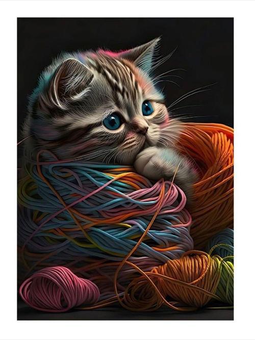 İplerle Dolanmış Kedi Mdf poster 35 cm x 50 cm