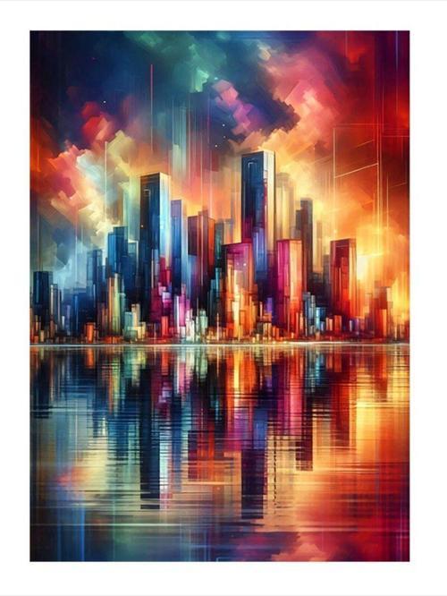 Rengarenk Şehir Gökdelenler Tasarım Mdf Tablo 25 cm x 35 cm