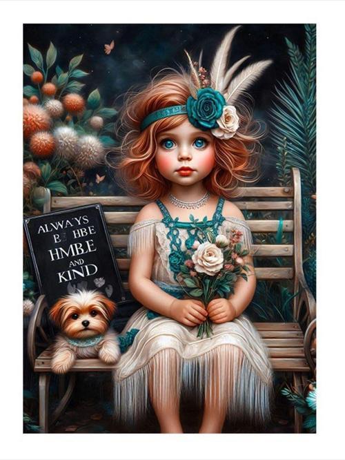 Elinde Gül Olan Tatlı Kız Çocugu Ve Köpek Art Mdf Poster 50 cm x 70 cm