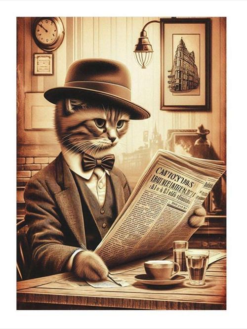 Gazete Okuyan Kedi Dekoratif Mdf Tablo 35 cm x 50 cm