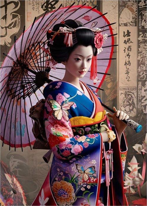 Şemsiyeli Japon Kadın Mdf poster 50 cm x 70 cm