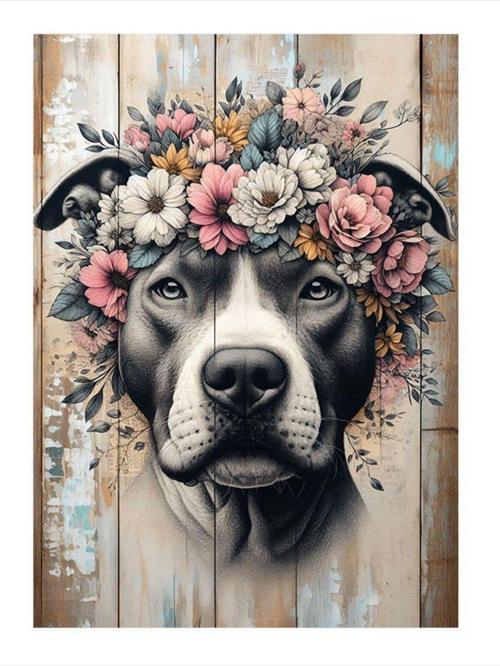 Pitbul Köpek Ve Çiçekler Hediyelik Mdf Tablo 25 cm x 35 cm