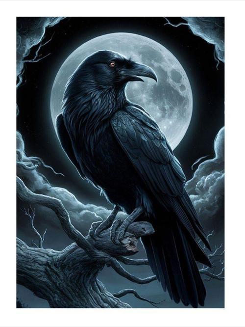 Siyah Karga Ve Dolunay Tasarım Mdf Tablo 35 cm x 50 cm