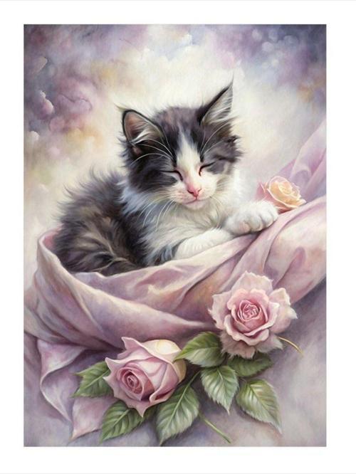 Yavru Kedi Ve Güller Art Mdf Poster 35 cm x 50 cm