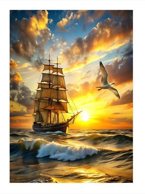 Yelkenli Gemi Ve Martı Desenli Mdf Tablo 25 cm x 35 cm