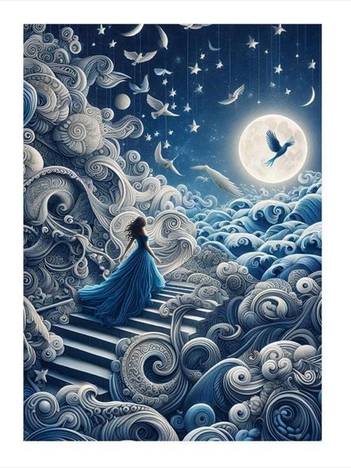 Mavi Elbiseli Kadın Ve Dolunay Dekoratif Mdf Tablo 25 cm x 35 cm