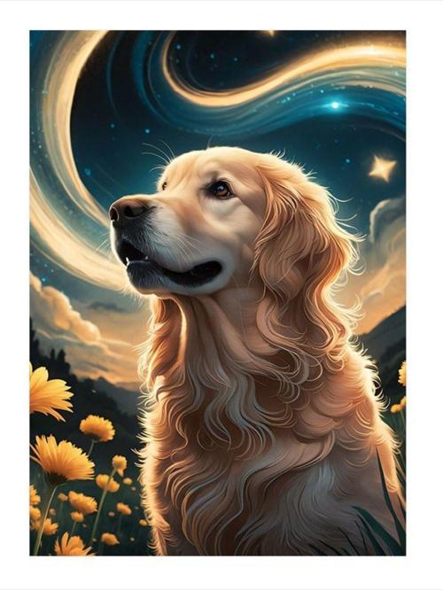 Ay Çiçekleri Ve Golden Köpek Tasarım Mdf Tablo 35 cm x 50 cm
