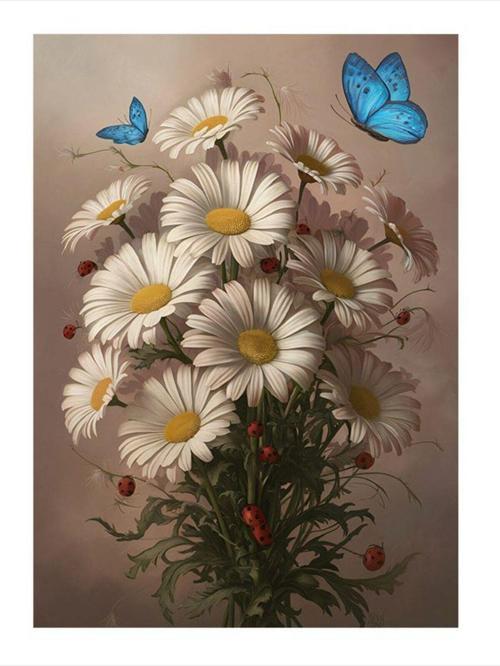 Mavi Kelebekler Ve Beyaz Çiçekler Mdf Tablo 25 cm x 35 cm