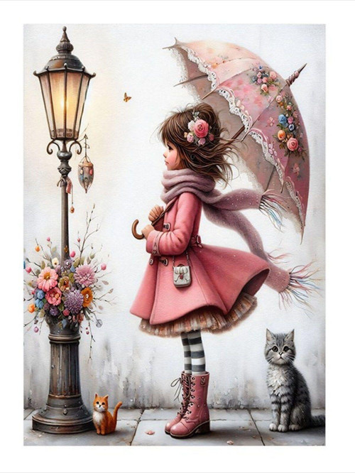 Pembe Şemsiyeli Kız Art Mdf Poster 50 cm x 70 cm