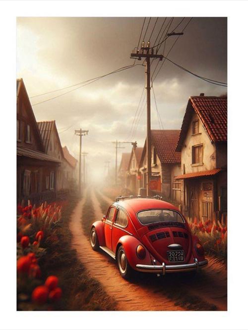 Kırmızı Klasik Araba Mdf poster 25 cm x 35 cm
