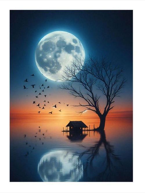 Dolunay Ve Göl  Art Mdf Poster 35 cm x 50 cm