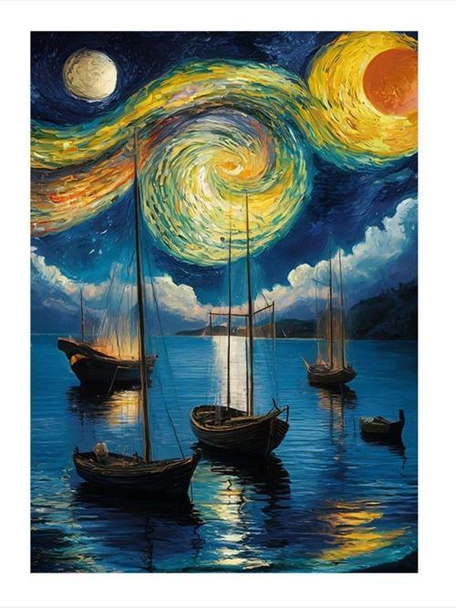 Tekneler Ve Güneş Van Gogh Tarzı Model Mdf tablo 35 cm x 50 cm