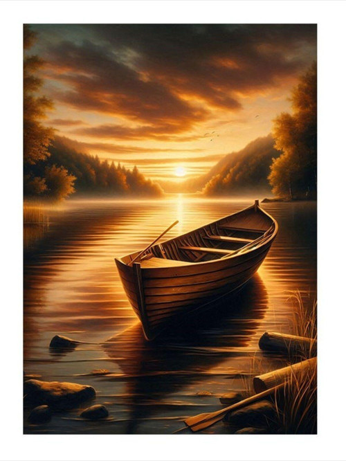 Göldeki Kayık Ve Gün Batımı Mdf Tablo 25 cm x 35 cm