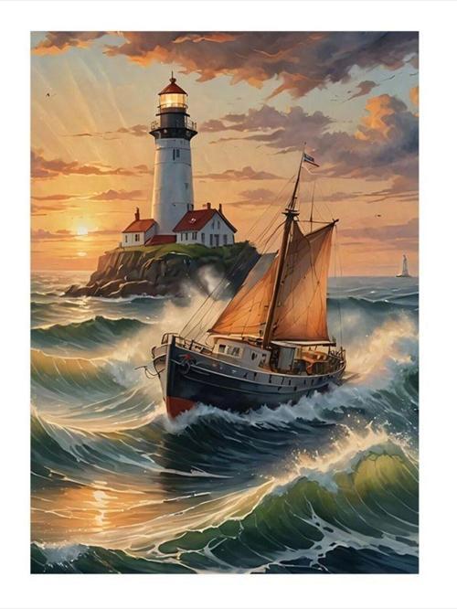 Deniz Feneri Ve Tekne Desenli Mdf Tablo 35 cm x 50 cm