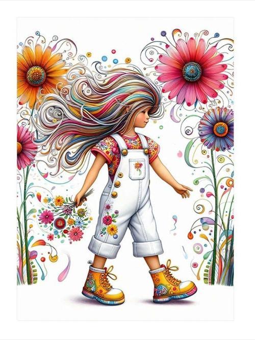 Renkli Çiçekler Ve Küçük Kız Tasarım Mdf Tablo 25 cm x 35 cm