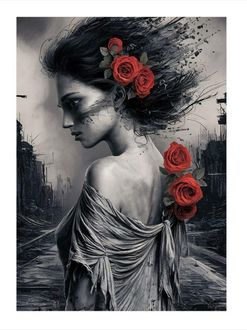 Kırmızı Çiçekler Ve Siyah Beyaz Kadın Mdf Tablo 50 cm x 70 cm