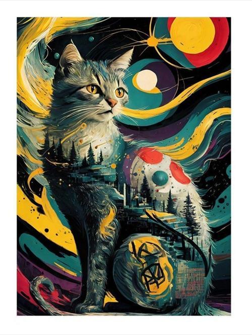 Van Gogh Tarzı Kedi Art Mdf Poster 50 cm x 70 cm