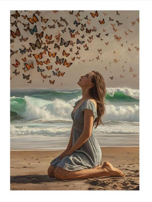 Sahildeki Kelebekler Ve Kadın Dekoratif Mdf Tablo 35 cm x 50 cm